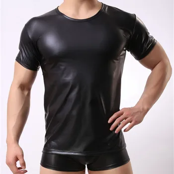 Forte Mens Sexy de Couro do Falso Preto T-shirt Tops de Mangas Curta O-Tops com Decote Masculino Gay Vestir T-Shirts de Homens de roupas íntimas Tops