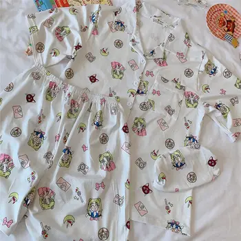 Mulheres 2020 Verão Pijamas Conjunto Ins Harajuku Estilo de Gelo Malha de Seda Pijama Top E Shorts 3pcs Anime Sailor Moon Cartoon Homewear