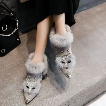 Inverno de Pelúcia Fox Cabeça das Mulheres Botas de bico de Pelúcia Salto Alto Grosso Calcanhar Ankle Boots de Moda Casual Sapatos com Diamantes Sapatos
