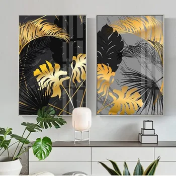 De ouro da folha da planta quadro resumo de diamante pintura estilo moderno de strass, bordados mosaico de arte, sala de estar com uma decoração única