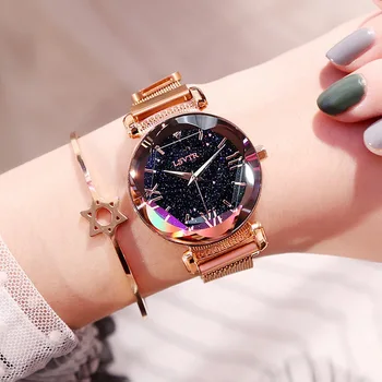 Populares Relógios Para Mulheres Moda Elegante Ímã Céu Estrelado Fivela De Luxo Roxo Senhoras Relógio De Pulso
