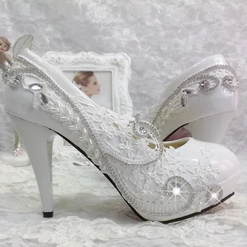 Renda branca Flor Sapatos de Casamento Super Alto Calcanhar, Dedo do pé Redondo Mulheres de Cristal Bombas de Plataforma para o Partido Banquete, o Vestido de Noite