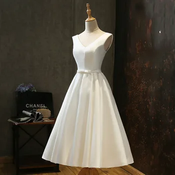 SW95 de Cetim Branco de Casamento Vestidos de Noiva Decote em V Laço na Parte da Veste Vestido de Noiva Vestido de Noiva Curto Vestido De Noiva Doce Memória