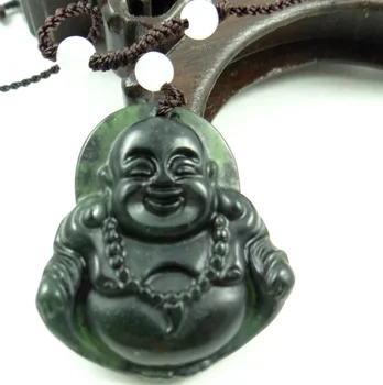 38*33MM natural por Atacado Chinês preto verde de pedra em pedra esculpida à mão estátua de Buda amuleto pingente de colar