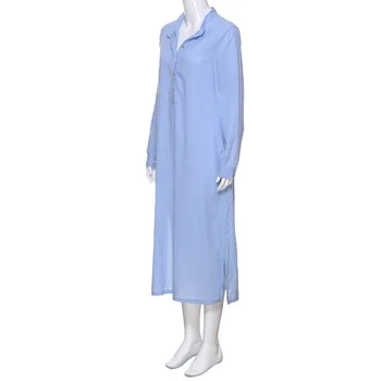 Casual Mulheres Túnica Solta, Branco, Azul Vintage Vestido De Manga Longa Vire Para Baixo De Gola Botão De Camisa De Vestido De Bainha De Divisão Vestido Maxi Vestidos