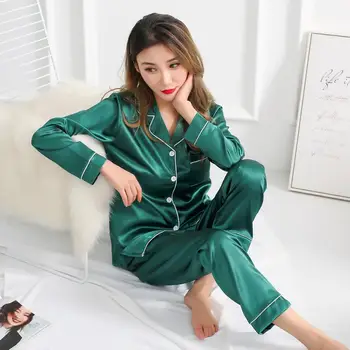 Pijamas de seda de Cetim Mulheres Pijama Conjuntos de Mangas compridas Pijamas Vire para baixo de Gola Pijamas Bolso de Decoração de 2 Peças de Mulheres Pijama de Seda
