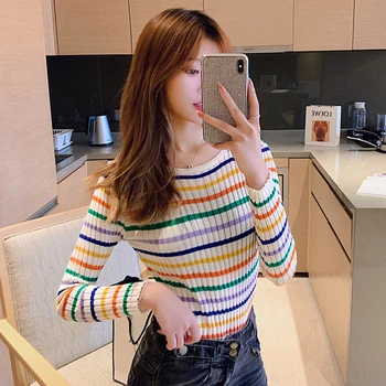 Lucyever Moda Colorido Listrado Assentamento Camisola Mulheres Coreano Elástico Fino O-Pescoço 