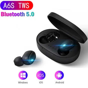 A6S Fones de ouvido Bluetooth para Redmi Airdots Fones de ouvido sem Fio 5.0 TWS Fone de ouvido com Cancelamento de Ruído de Microfone para Xiaomi iPhone Huawei, Samsung