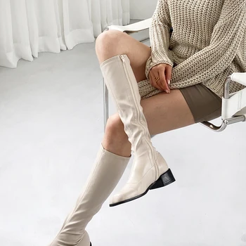 Feminino Joelho Alto Botas de Mulheres de Couro Confortáveis Botas de Inverno Mulheres Longas Botas Preto branco Joelho Botas de 2020 Sapatos