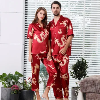 O Estilo chinês de Ano Novo do Dragão de Impressão Sala de Homens do Casal Pijamas PJs Mulheres de Cetim de Seda Pijama Conjunto de 2PCs Completo Top de Manga Calças