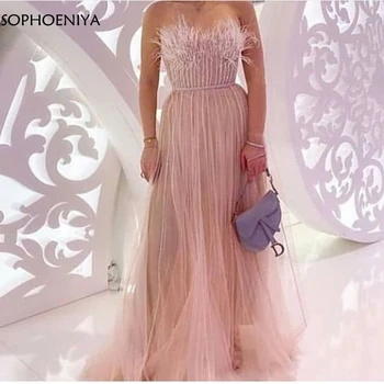 Nova Chegada de Tule cor-de-Rosa vestido de noite comprido Plus size Beading Penas Prom vestido de Festa das mulheres vestido de noite robe de sarau 2021