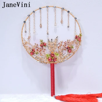 JaneVini Vintage Casamento Chinês Fã De Flores Vermelhas Frisado Bouquets De Noiva Pérolas Do Metal Redondo Noivas Mão Fã De Acessórios Do Casamento