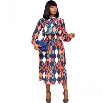 Africano Vestido Para as Mulheres 2020 Casual Plus Size Slim colcha de Retalhos de Cores Midi Vestidos Elegantes, Sexy Vestido Longo 3XL 4XL África do Vestuário