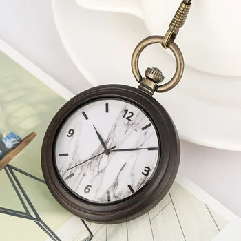 Mármore branco Dial Ébano Relógio de Bolso para os Homens Bronze Precioso Áspero Corrente Relógio Pingente de Relógios Colar orologio da taschino