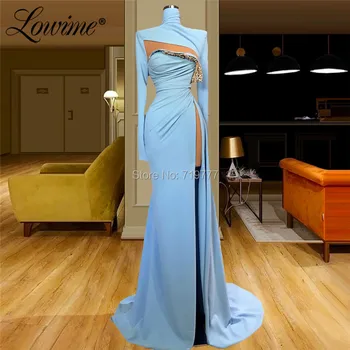 2020 Azul Elegante Longa Noite Vestidos De Sereia, Com Gola Alta, Mangas De Cheio De Mulheres De Festa Vestidos De Alta Dividir Árabe De Dubai Prom Vestido De Vestes