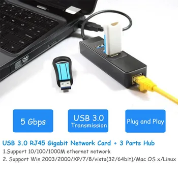 NOYOKERE USB3.0 prático de alta Velocidade 3 Portas Hub 10/100/1000 Mbps RJ45 LAN Placa de Rede com Fios Éter Líquido