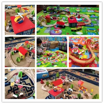 69pcs/set Crianças de Madeira, pista de comboios de brinquedos para Crianças de Construção de Fenda Calha de Trânsito de Estacionamento Garagem