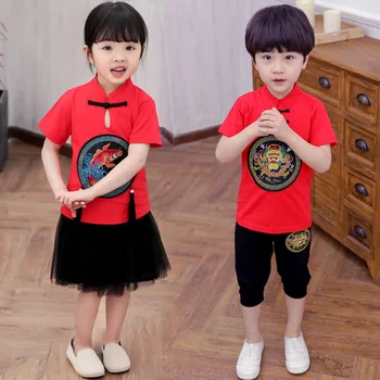Chinês tradicional Dragão Vermelho Elemento de Criança de Bebê Crianças Meninos Meninas rapazes raparigas Bordado T-shirt Roupas Roupas de bebes