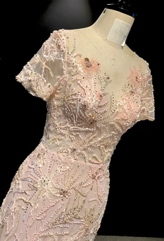 Reno Imagens reais de Luxo, cor-de-Rosa Lace mangas Curtas Esferas de Sereia vestido de noiva veste de festa árabe vestidos longo