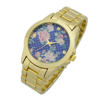 Moda Senhoras Relógio Reloj Mujer A Nova Safra De Mulheres Estampa Floral De Discagem De Ouro Pulseira Relógio De Quartzo