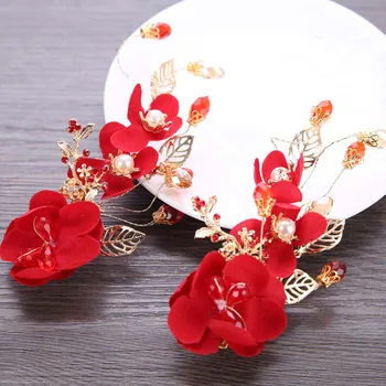 Nova Moda Chinesa Flor Vermelha Simulado Pérola De Cristal De Cabelo Clip Gancho De Cabelo Da Noiva Nupcial Da Noiva, Véu De Noiva Decoração De Jóias