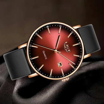 Novo 2020 LIGE Top Vermelho Marca de relógios de Luxo Homens Única Cinta de Silicone à prova d'água Quartzo Relógio Masculino Casual de Aço, Mostrador de relógio de Pulso