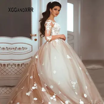 Chegada Nova Bola Vestido De Casamento Vestido De 2020 Metade Mangas Lace Vestido De Noiva Decote Em V Flor Inchados De Vestido De Noiva Dubai Estilo Plus Size
