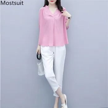 2020 Verão cor-de-Rosa de Algodão, Linho Dois Conjuntos de peças de Roupas de Mulheres com decote em V da Camisa + Calça Branca Ternos de Moda Casual coreano Feminino Conjuntos de