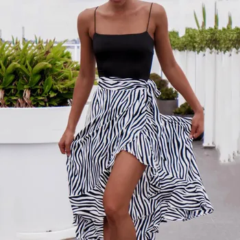 Nova Moda de Verão de Mulheres de Saia de Zebra Listrada de Impressão Curativo Abrir a Bifurcação de Babados Bainha Bohemia Saia aldas mujer moda 2020#GH40
