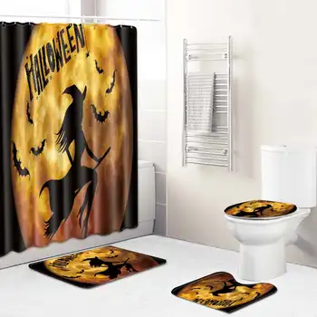 Feliz Halloween Abóbora Assistente Bonito Dos Desenhos Animados Cortinas De Chuveiro Do Banheiro Cortina Impermeável Cortina De Chuveiro Do Banheiro, Tapetes, Tapete De Casa De Banho Definir