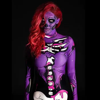 2020 Novo Esqueleto Fantasma Assustador Trajes Cosplay Para Senhoras de Halloween Impressão 3D Sexy Apertado Bodycon Macacão Body Horror Gótico