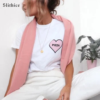 Slithice PIZZA de Coração de Impressão de T-shirts harajuku mulheres camisa Casual Manga Curta Branca camiseta de Verão Mulher T-shirt de streetwear