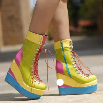 Marca a chegada dos Novos tamanhos Plus 43 da Moda Plataforma de Salto Alto de Lazer, de Festa Candy Colors Cunhas de Sapatos Ankle Boots Mulher