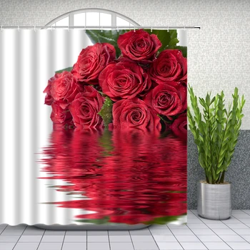 Flor de rosa Cortinas de Chuveiro do Banheiro Decoração do Dia dos Namorados Floral Romântico Casal de Casa Banheira de Poliéster Cortina Conjunto Com Ganchos