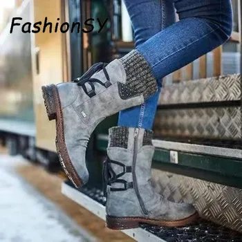 Mulheres Botas de neve de Moda Tricô Quente de Outono inverno Meados de Bezerro Botas de Lace-up Boots de Salto Baixo e Confortável de Sapatos de mulher