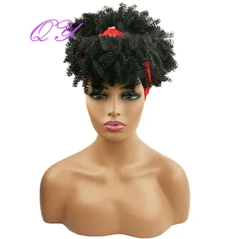 QY Cabelo Cabeça Peruca de Cabelo Afro Kinky Curly Curto Sintético Verde Turbante Envoltório Preto Perucas para Negros Mulheres Brancas