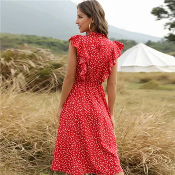 Verão as Mulheres se vestem 2020 solto e casual de Moda de impressão red dot Streetwear Vestidos elegantes Babados festa midi vestido de roupas de senhoras