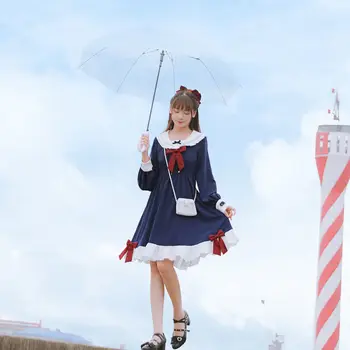 Mulheres Japonesas Mauricinho Estilo De Gola De Marinheiro Jk Uniforme De Manga Longa Vestido Aluna Doce Bowknot Babados Lolita Vestidos De Festa