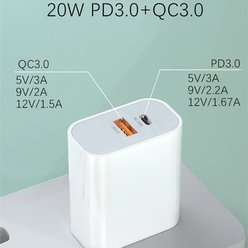 20W PD3.0+QC3.0 Carregador USB UE/EUA Plug USB C Tipo C Carregador Inteligente de Carregamento Rápido Carregador Móvel para iPhone, iPad, Samsung Xiaomi