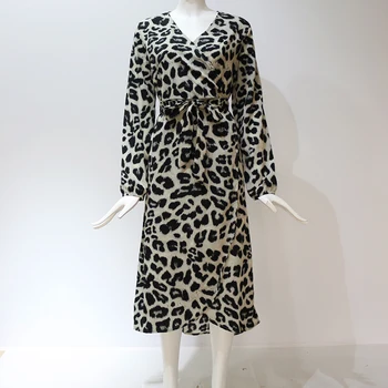 2020 Casual estampa de Leopardo de Manga Longa Primavera, Outono Vestido Vintage Senhoras Vestido V-pescoço Longo Maxi Vestidos de Festa Animal Solto Completo