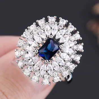 Elegante Anéis de Casamento para as Mulheres Escuro Quadrado Azul Pedra de Cristal, a Princesa de Noivado Anel da Flor Declaração de Jóias Anillos Mujer