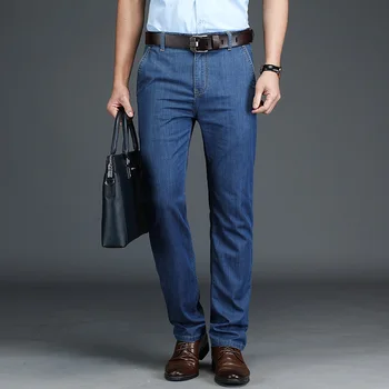 NIGRITY 2020 Primavera e Summe Luz Azul dos Homens de Negócios, Lazer Clássicos Jeans Básico estilos de calça Reta de Qualidade Plus Size 28-42
