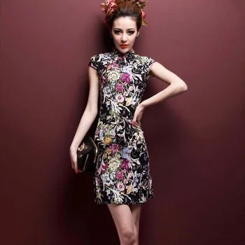 SHENG COCO Plus Size 5XL de Linho, Algodão Qipao Trecho Vestidos Estilo Oriental Elástico Cânhamo Cheongsam Preto Impressão de Flor de Moda