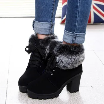 2018 Mulheres Ankle Boots Plus Size 35-39 Med Praça Saltos De Neve De Senhoras De Arranque De Penas Office Feminina De Sapatos De Mulher