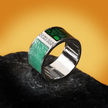 Luxo Sólida Prata 925 Grande Zircão Anéis Bohemia Artesanal Esmalte Verde Anel de Dedo do Casal Presente do Dia dos Namorados