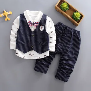 BibiCola primavera, outono bebê, roupas para crianças cavalheiro roupas 3pcs conjuntos de casaco de meninos+t-shirt+calça de algodão roupas de crianças