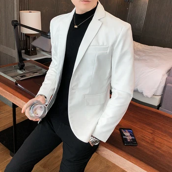 Blazer Hombre PU de Couro e Casacos de Moda masculina Sólido Slim Fit, Um Botão de Business Casual Blazers Para os Homens, paletó estilo coreano