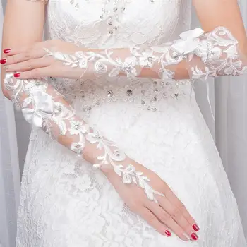 Casamento elegante Luvas de Renda das Mulheres sem dedos de Noiva, Luvas de Strass Branco Curto de Renda Luvas para Noiva Acessórios