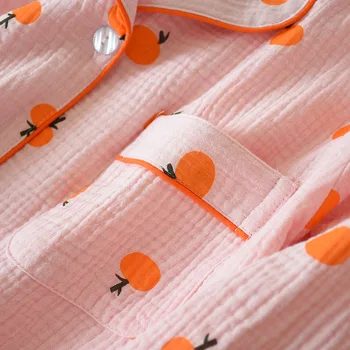 2020 Novos Pijamas Mulheres De Laranja Imprimir Desenhos De Pijama Crepe De Algodão Feminino Bonito Noite Terno De Manga Longa Pijamas Tamanho Grande