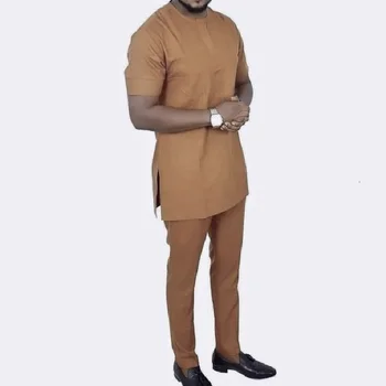 2020 Moda Africana Sólido Gengibre Homens Noivo Terno Real Tops+Calça Feito Masculina de Manga Curta-se Dashiki, Camisa E Calça de Conjuntos